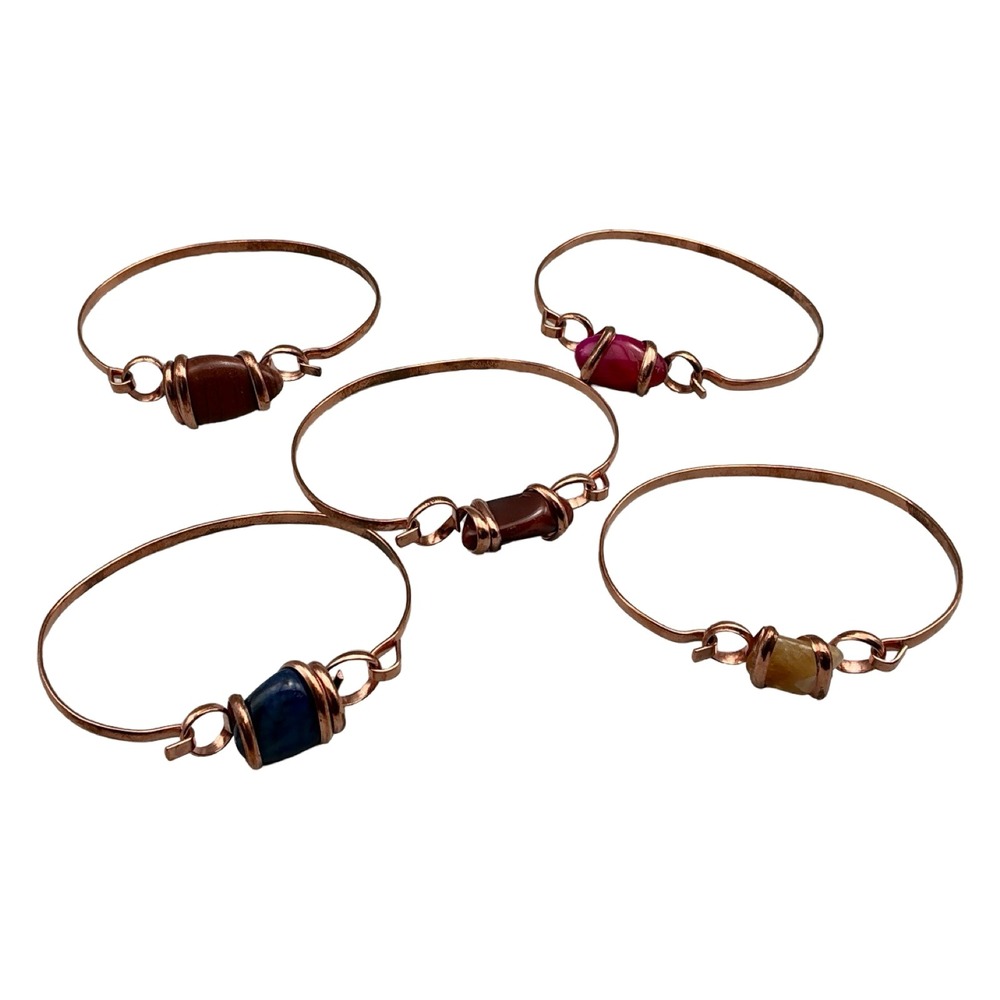 Set of 5 Handmade Copper Wire Wrapped Stone Bangle Bracelets Boho Artisan